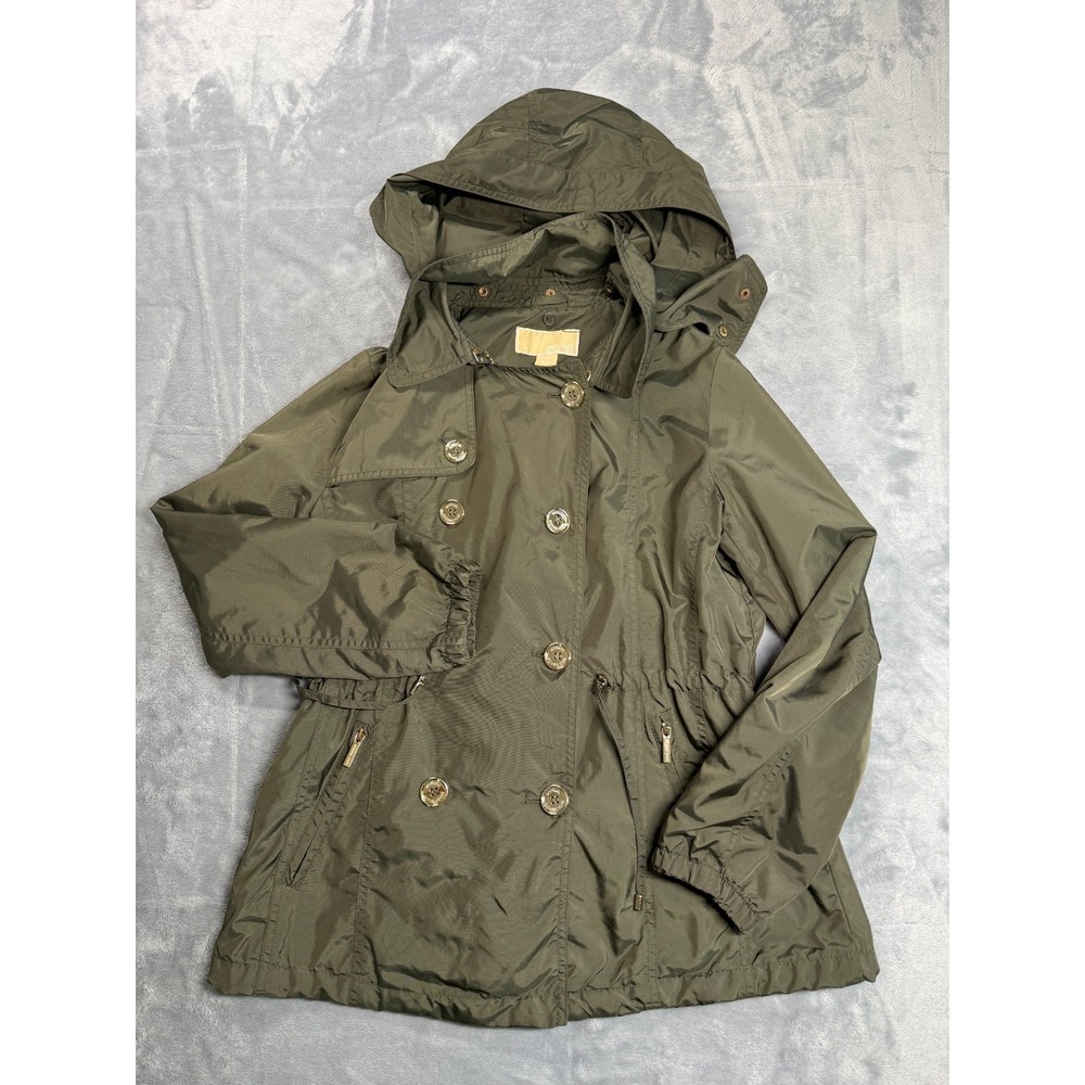 Michael Kors Anorak Jacket Womens Petite S Olive Green Hooded Double Breasted